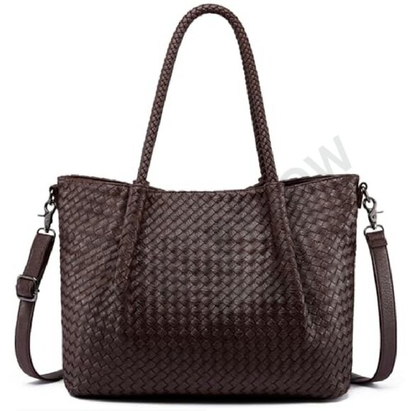 Woven Vegan Leather Tote Bag Chic Minimal Elegant Work Travel Crossbody Purse - Picture 2 of 7